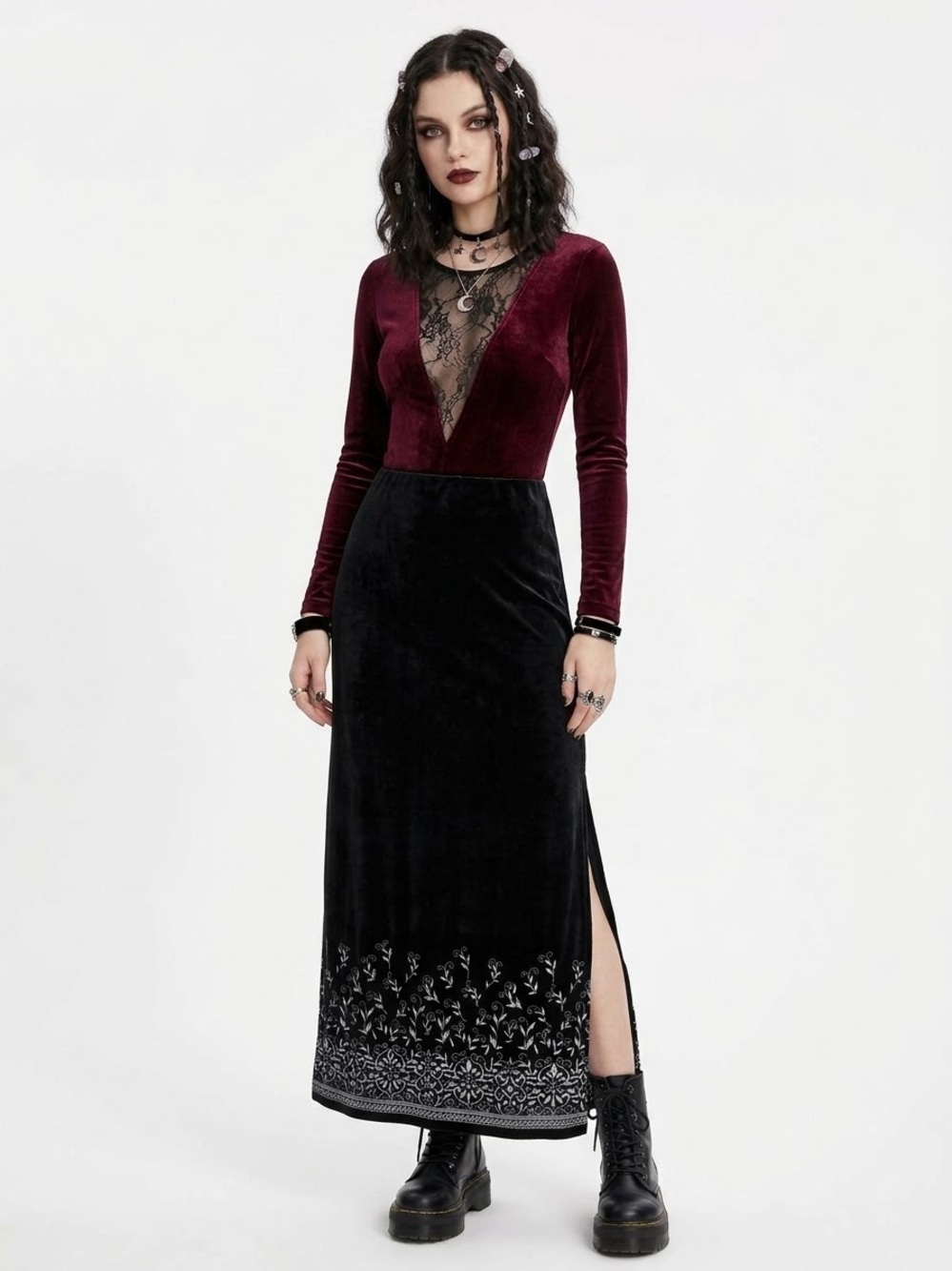 Y2K Whimsigoth Black Velvet Maxi Skirt Floral Side Slit Witchy Vampirecore Bratz